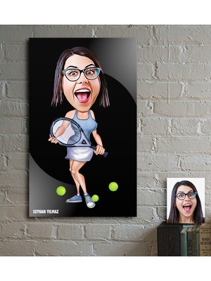 BK Kişiye Özel Bayan Tenis Oyuncusu Karikatür Ahşap Tablo - 1