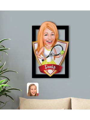 BK Kişiye Özel Isimli Kadın Tenis Oyuncusu Karikatürlü 3D Ahşap Tablo-2