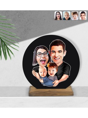 BK Kişiye Özel Aile Karikatürlü Yuvarlak Ahşap Biblo-4
