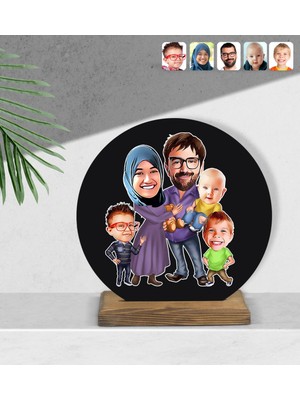BK Kişiye Özel Aile Karikatürlü Yuvarlak Ahşap Biblo-8