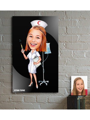BK Kişiye Özel Hemşire Karikatür Ahşap Tablo - 1