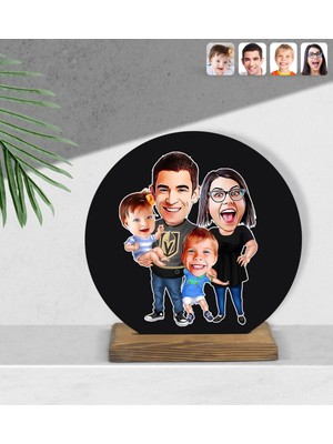 BK Kişiye Özel Aile Karikatürlü Yuvarlak Ahşap Biblo-3