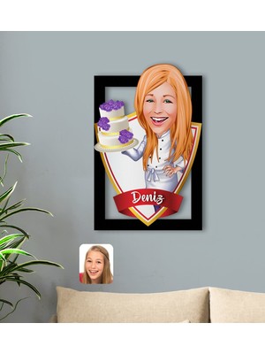 BK Kişiye Özel Isimli Kadın Chef Karikatürlü 3D Ahşap Tablo-2