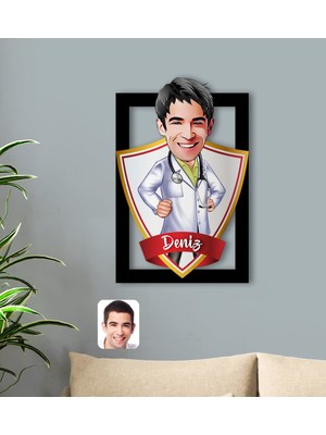 BK Kişiye Özel Isimli Erkek Doktor Karikatürlü 3D Ahşap Tablo-1