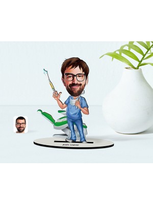 BK Kişiye Özel Erkek Diş Hekimi Karikatürlü Ahşap Biblo Model-4