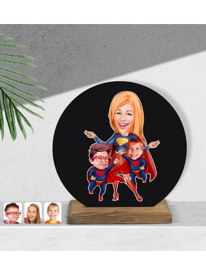 BK Kişiye Özel Süper Anne ve Çocuklar Karikatürlü Yuvarlak Ahşap Biblo-1