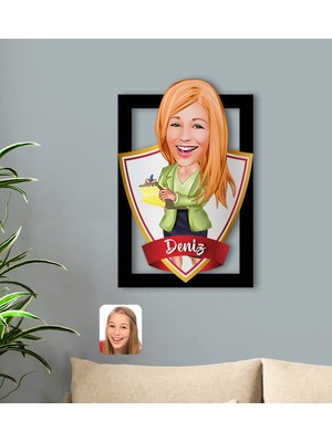 BK Kişiye Özel Isimli Kadın Asistan Karikatürlü 3D Ahşap Tablo-2