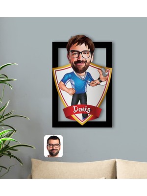 BK Kişiye Özel Isimli Erkek Antrenör Karikatürlü 3D Ahşap Tablo-1