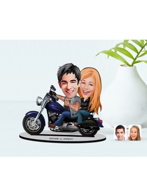 BK Kişiye Özel Motorcu Sevgililer Karikatürlü Ahşap Biblo Model-1