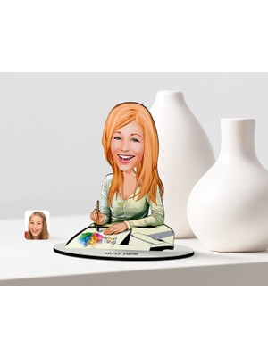 BK Kişiye Özel Kadın Grafik Tasarımcı Karikatürlü Ahşap Biblo Model-1