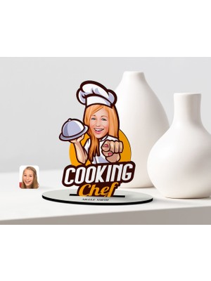 BK Kişiye Özel Kadın Chef Karikatürlü Ahşap Biblo Model-15