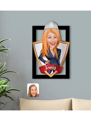 BK Kişiye Özel Isimli Kadın Mühendis Karikatürlü 3D Ahşap Tablo