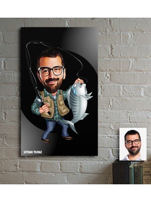BK Kişiye Özel Bay Balıkçı Karikatür Ahşap Tablo - 1