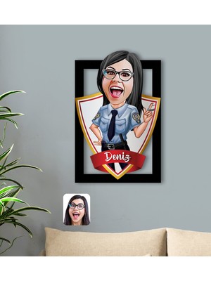 BK Kişiye Özel Isimli Kadın Polis Karikatürlü 3D Ahşap Tablo-1