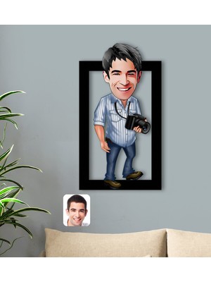 BK Kişiye Özel Erkek Fotoğrafçı Karikatürlü 3D Ahşap Tablo-1