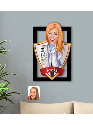 BK Kişiye Özel Isimli Kadın Göz Doktoru Karikatürlü 3D Ahşap Tablo-1