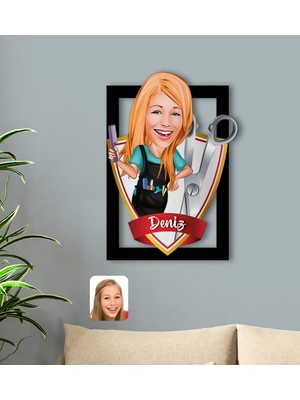 BK Kişiye Özel Isimli Kadın Kuaför Karikatürlü 3D Ahşap Tablo-1