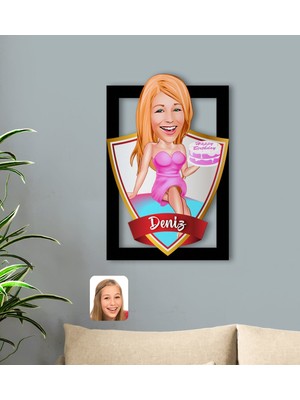 BK Kişiye Özel Isimli Kadın Doğum Günü Karikatürlü 3D Ahşap Tablo-2