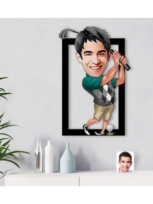 BK Kişiye Özel Erkek Golfçü Karikatürlü 3D Ahşap Tablo-1