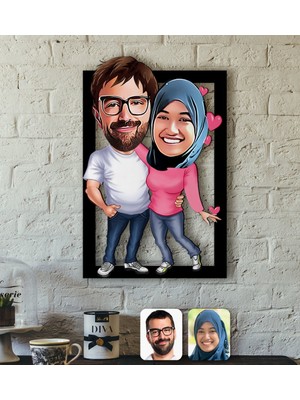 BK Kişiye Özel Tesettürlü Sevgililer Karikatürlü 3D Ahşap Tablo-58