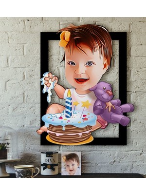 BK Kişiye Özel Bebek Doğum Günü Karikatürlü 3D Ahşap Tablo-2
