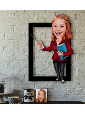 BK Kişiye Özel Bayan Öğretmen Karikatürlü 3D Ahşap Tablo-3