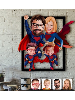 BK Kişiye Özel Süper Aile Karikatürlü 3D Ahşap Tablo-4