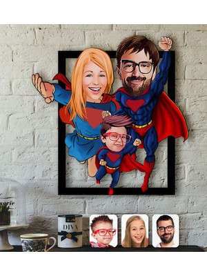BK Kişiye Özel Süper Aile Karikatürlü 3D Ahşap Tablo-1