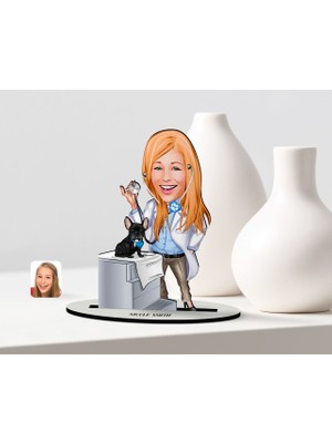 BK Kişiye Özel Kadın Veteriner Hekim Karikatürlü Ahşap Biblo Model