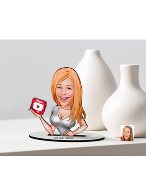 BK Kişiye Özel Kadın Youtuber Karikatürlü Ahşap Biblo Model-2