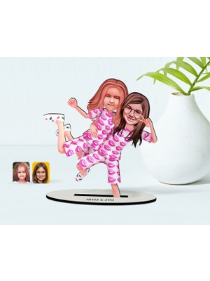 BK Kişiye Özel Kız Kardeşler Karikatürlü Ahşap Biblo Model-1