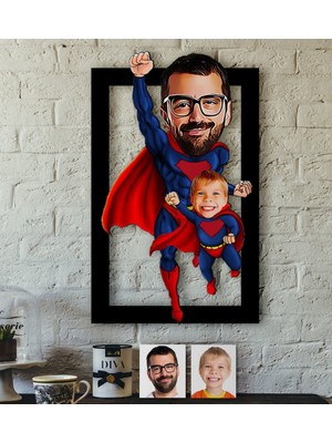 BK Kişiye Özel Süper Baba-Çocuk Karikatürlü 3D Ahşap Tablo