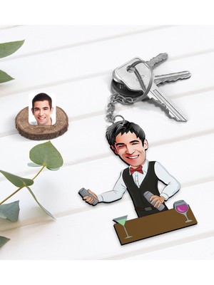 BK Kişiye Özel Barmen Karikatürlü Ahşap Anahtarlık-1