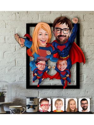 BK Kişiye Özel Süper Aile Karikatürlü 3D Ahşap Tablo-2