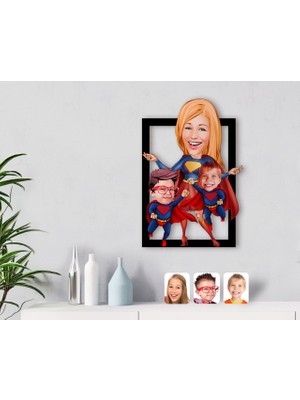 BK Kişiye Özel Süper Anne ve Süper Çocuklar Karikatürlü 3D Ahşap Tablo-1