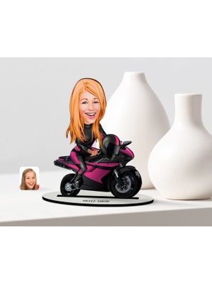 BK Kişiye Özel Kadın Motorcu Karikatürlü Ahşap Biblo Model