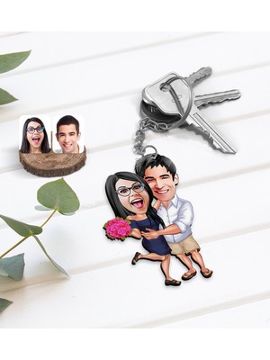 BK Kişiye Özel Sevgililer Karikatürlü Ahşap ANAHTARLIK-109