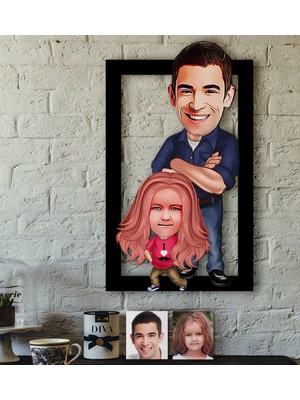 BK Kişiye Özel Baba-Kız Karikatürlü 3D Ahşap Tablo-1