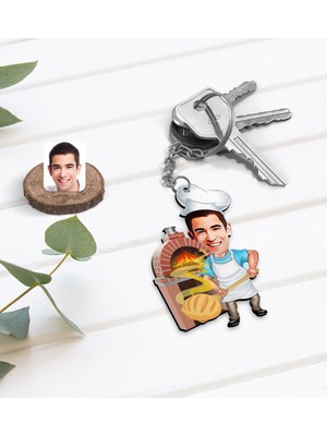 BK Kişiye Özel Erkek Fırın Ustası Karikatürlü Ahşap Anahtarlık-1