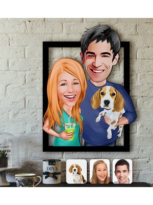 BK Kişiye Özel Evcil Dost Aile Karikatürlü 3D Ahşap Tablo-7