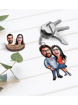 BK Kişiye Özel Sevgililer Karikatürlü Ahşap ANAHTARLIK-105