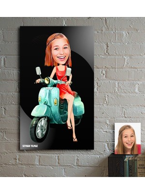 BK Kişiye Özel Bayan Vespa Temalı Karikatür Ahşap Tablo