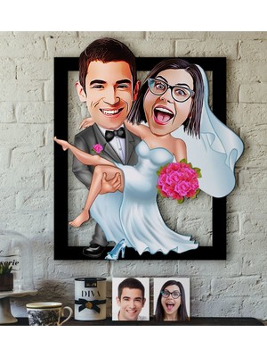 BK Kişiye Özel Evleniyoruz Karikatürlü 3D Ahşap Tablo-9