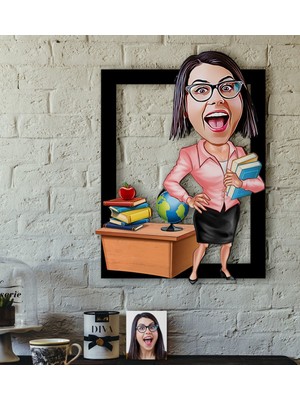 BK Kişiye Özel Bayan Öğretmen Karikatürlü 3D Ahşap Tablo-5