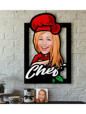 BK Kişiye Özel Bayan Chef Karikatürlü 3D Ahşap Tablo-10