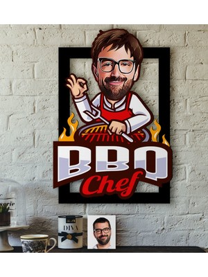 BK Kişiye Özel Bay Barbekü Chef Karikatürlü 3D Ahşap Tablo-1