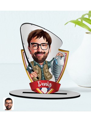 BK Kişiye Özel Isimli Erkek Balıkçı Karikatürlü Ahşap Biblo Model-1