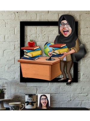 BK Kişiye Özel Bayan Öğretmen Karikatürlü 3D Ahşap Tablo-8