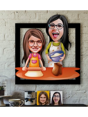BK Kişiye Özel Anne-Kız Karikatürlü 3D Ahşap Tablo-2