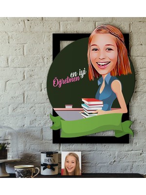 BK Kişiye Özel Bayan En Iyi Öğretmen Karikatürlü 3D Ahşap Tablo